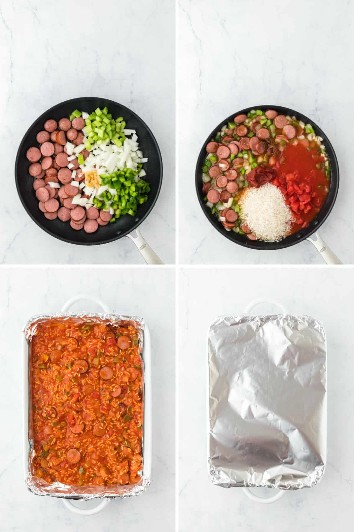 a collage of diced bell pepper and onion being added to sausage and bacon then tomatoes and spices and rice before adding to a baking dish and covering with foil