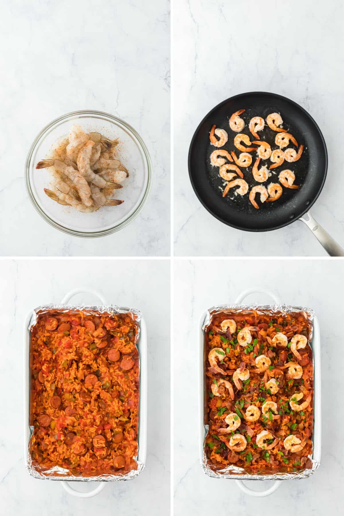 a collage of savannah red rice being baked then topped with sauteed shrimp before adding to the top of the red rice