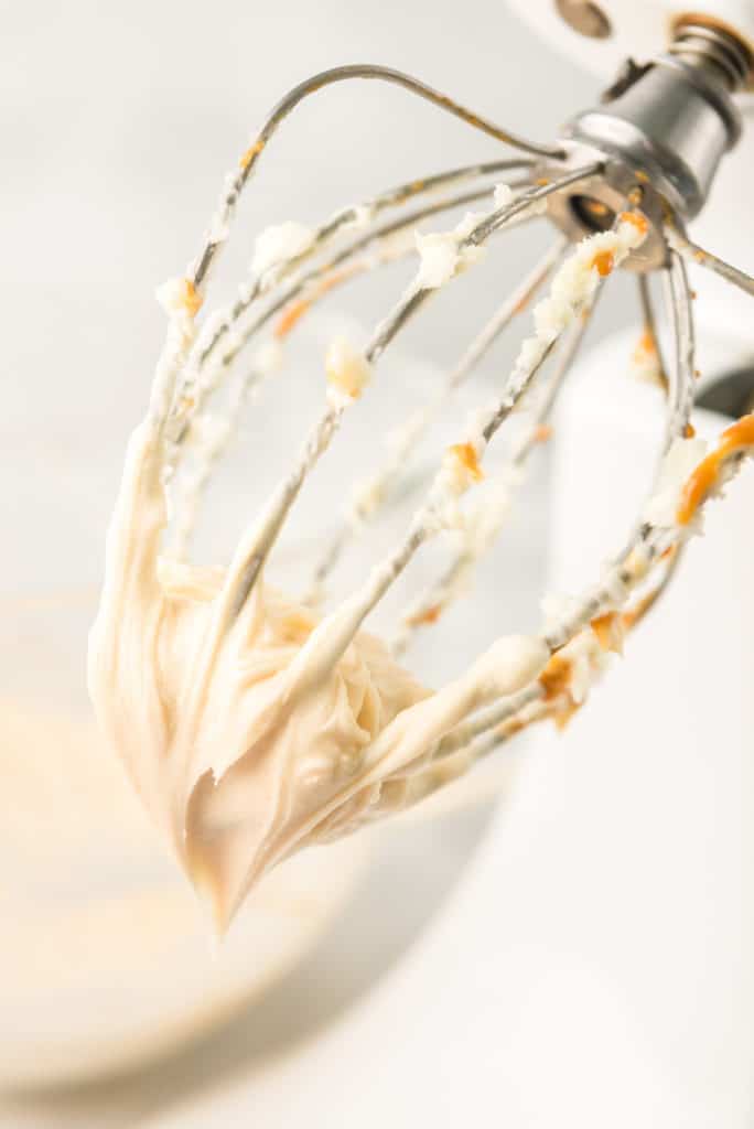 Caramel buttercream after being mixed in stand mixer on beaters