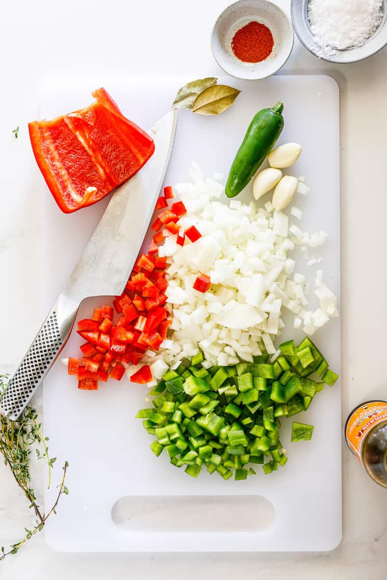 Green and red peppers plus onions diced and ready to cook with