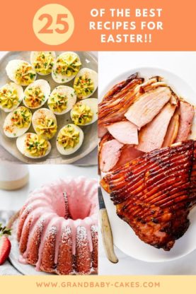A collage of ham, deviled eggs and strawberry cake for an amazing Easter menu
