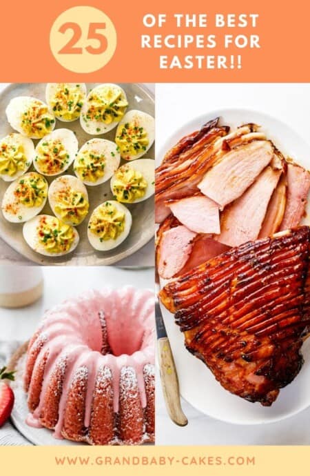 A collage of ham, deviled eggs and strawberry cake for an amazing Easter menu