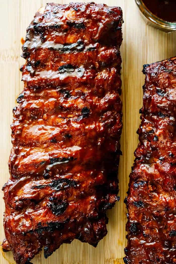 A close up of bbq rib racks after being grilled
