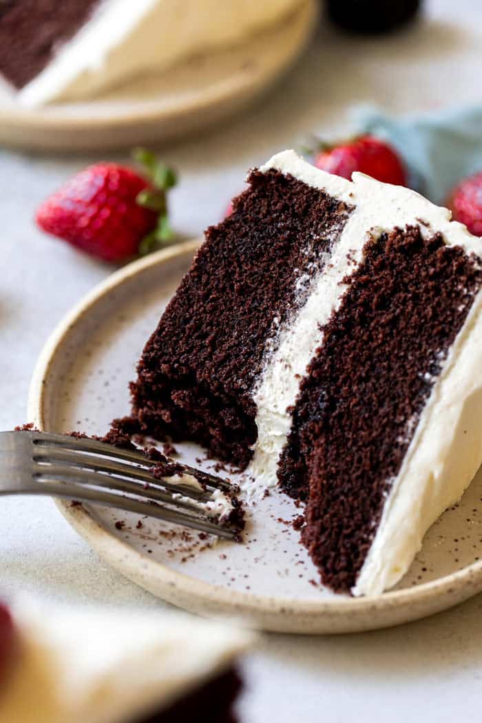 Dark chocolate cake being eaten with a fork