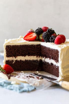 Devil's food cake sliced and served with berries on top
