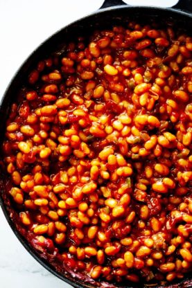 A close up of southern baked beans ready to serve