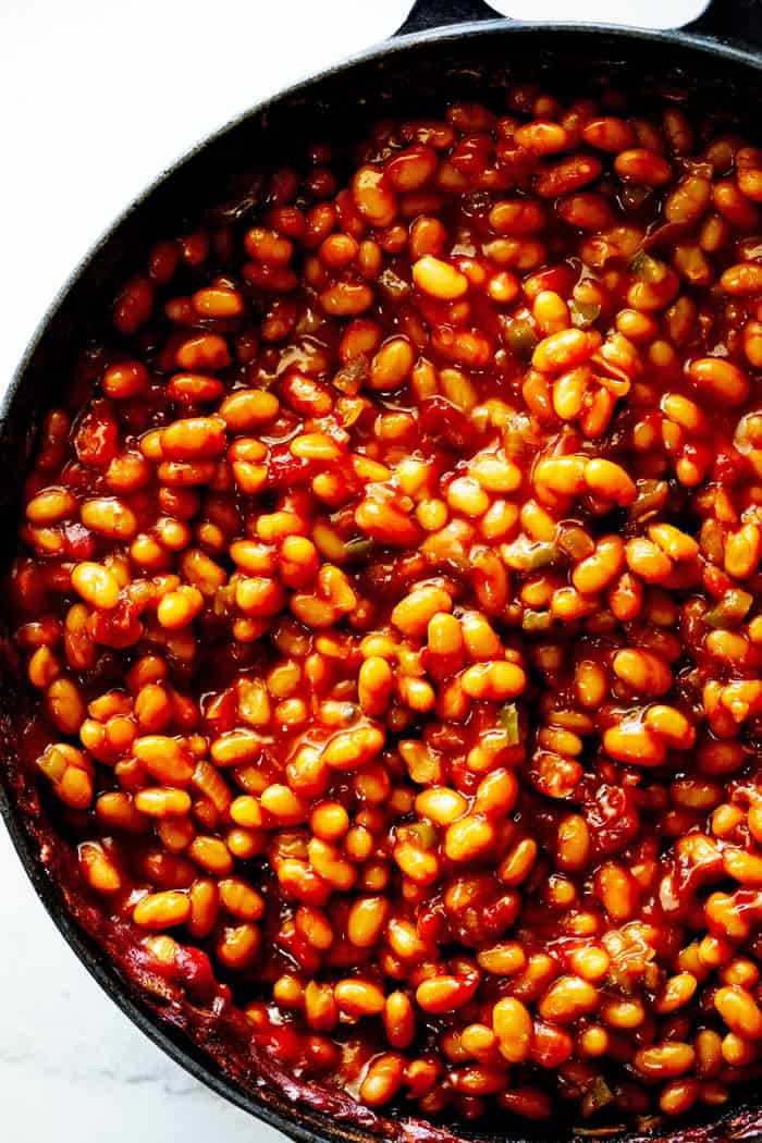 A close up of southern baked beans ready to serve