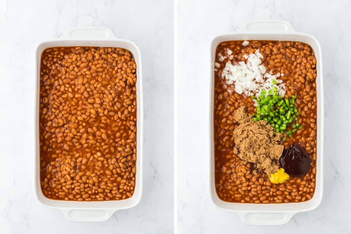 A collage of bbq baked beans being added to a white casserole dish and then spices, sugar and diced veggies being added on top