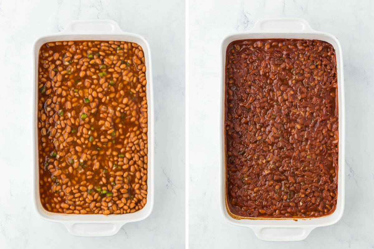 a collage of an easy baked beans recipe before and after baking on a white background