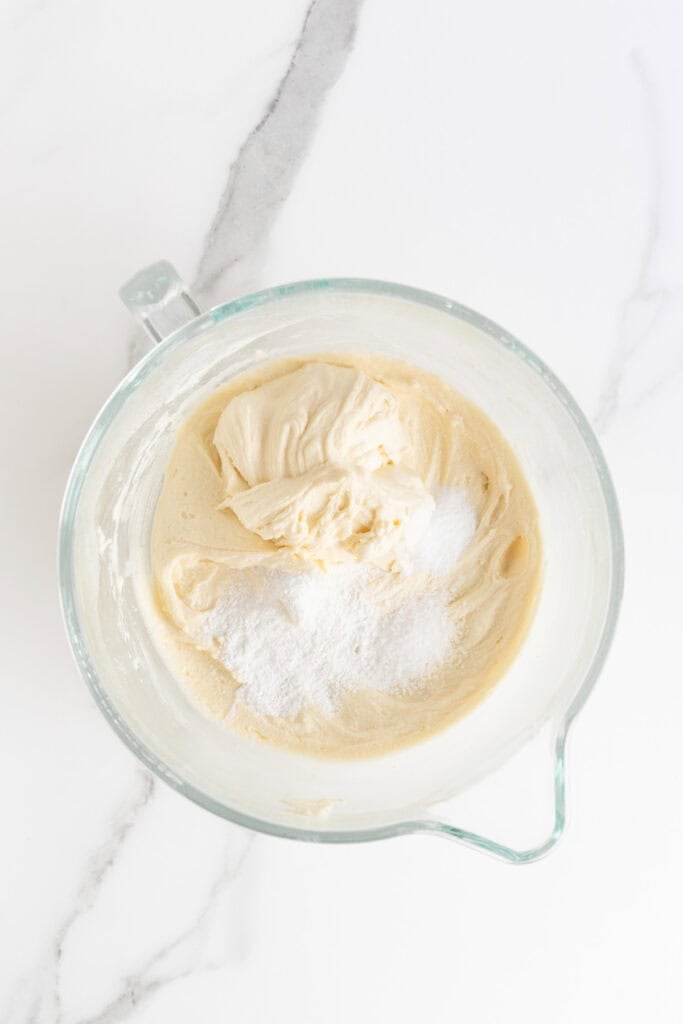 Flour and leavening added to stand mixer bowl