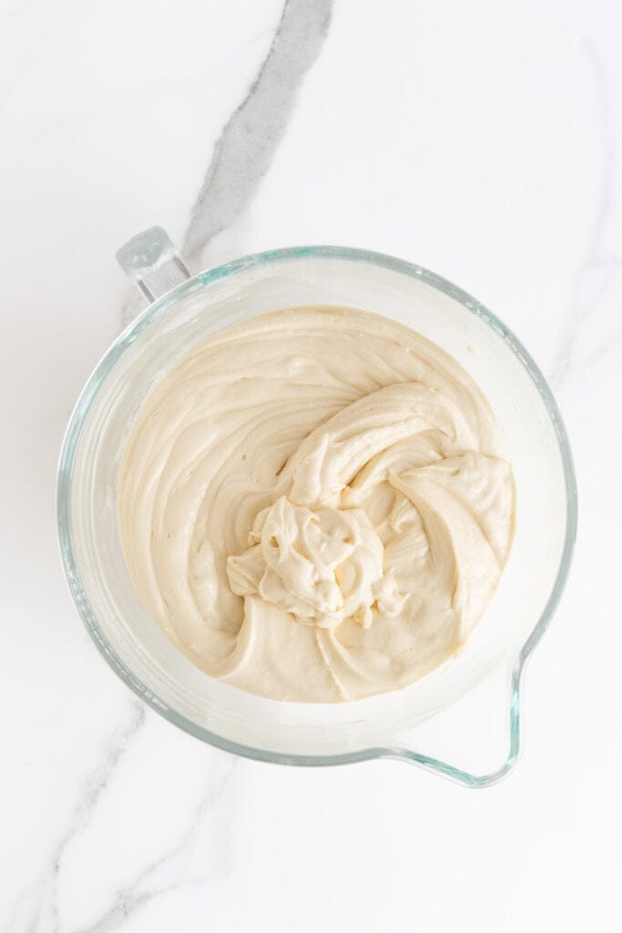 Finished strawberry shortcake cake batter in stand mixer bowl