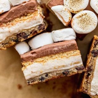 A close up of layered ice cream bars with chocolate and vanilla ready to enjoy