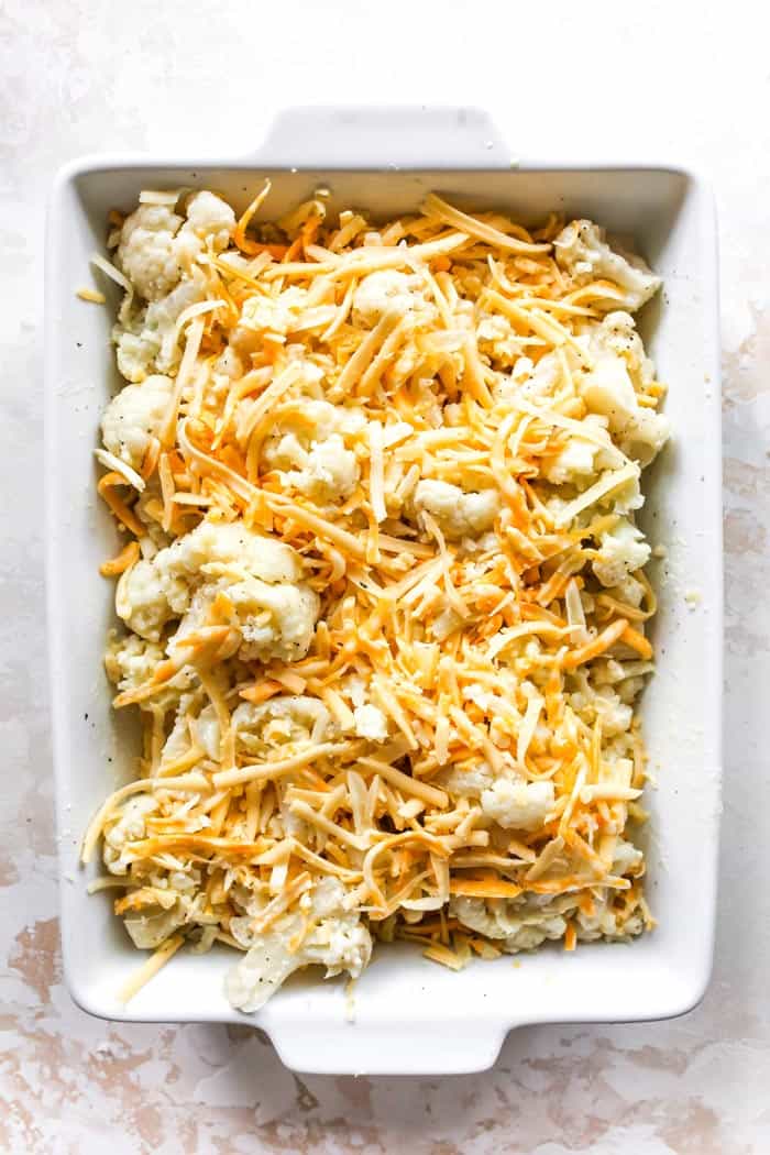 Cauliflower mac and cheese in a pan before baking