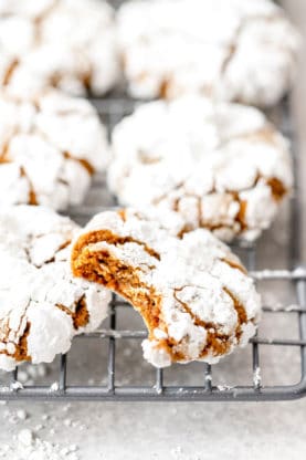 Gingerbread cookies with powdered sugar on top resting on a wire rack with a bite taken out of one