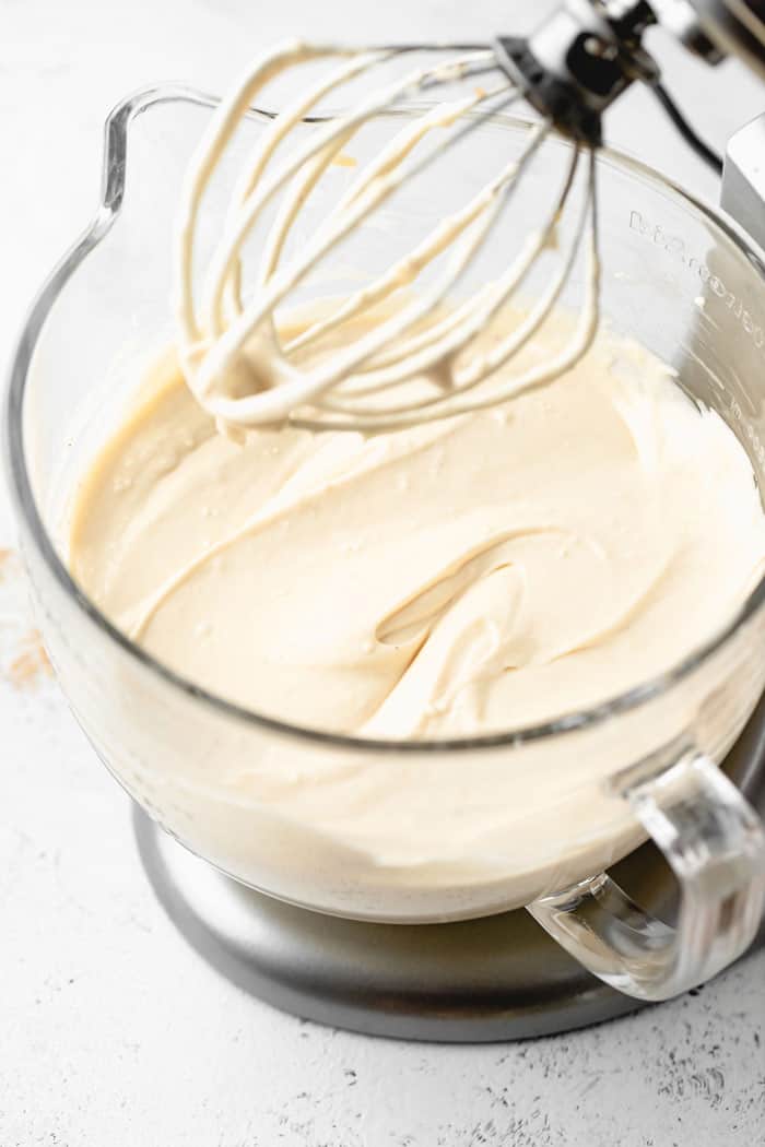 Cheesecake filling after being mixed in a mixer bowl