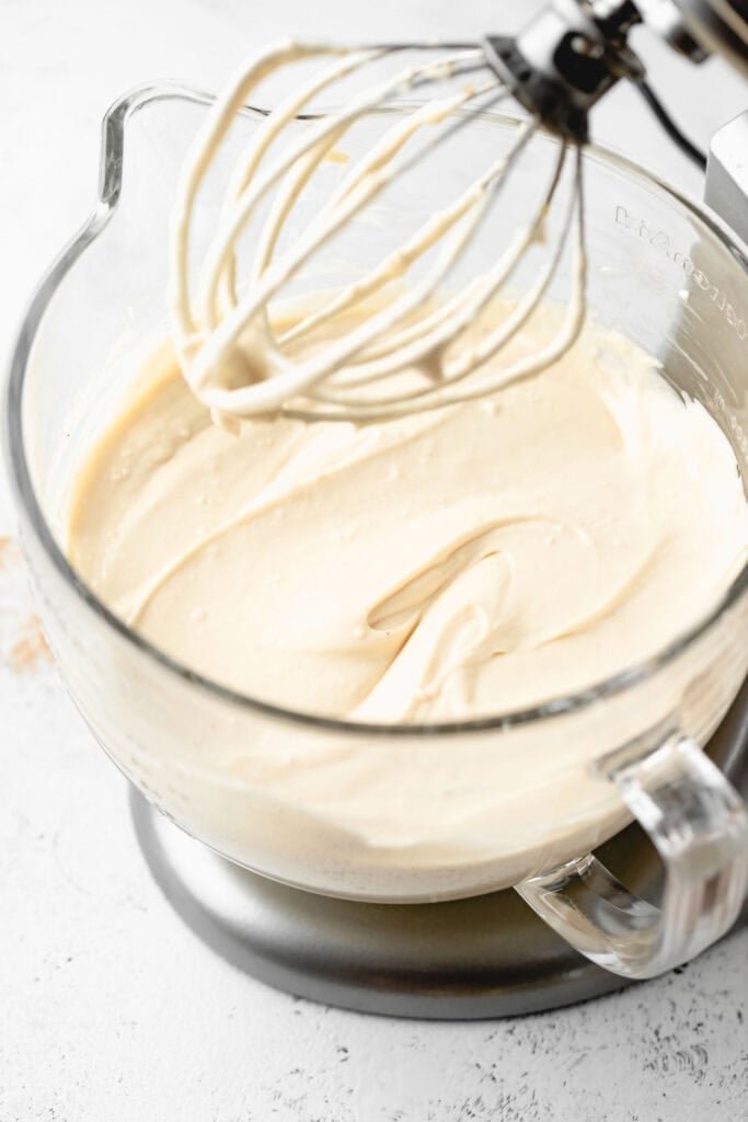 Completed butter pecan cheesecake filling in stand mixer