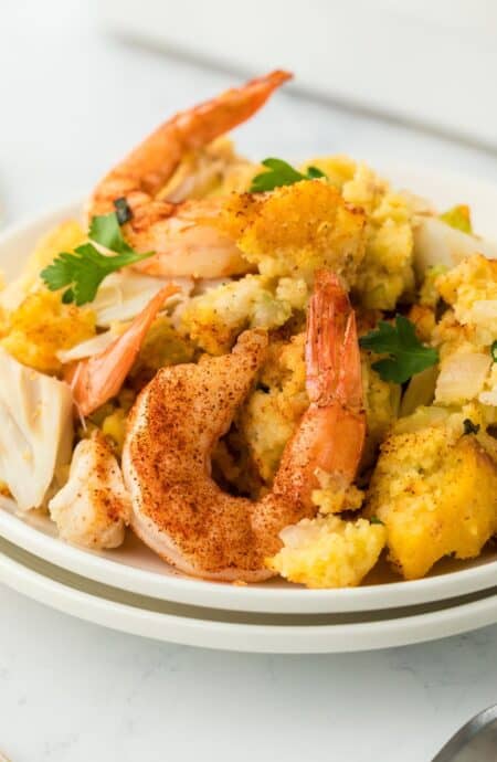 Close up of seafood dressing on a plate