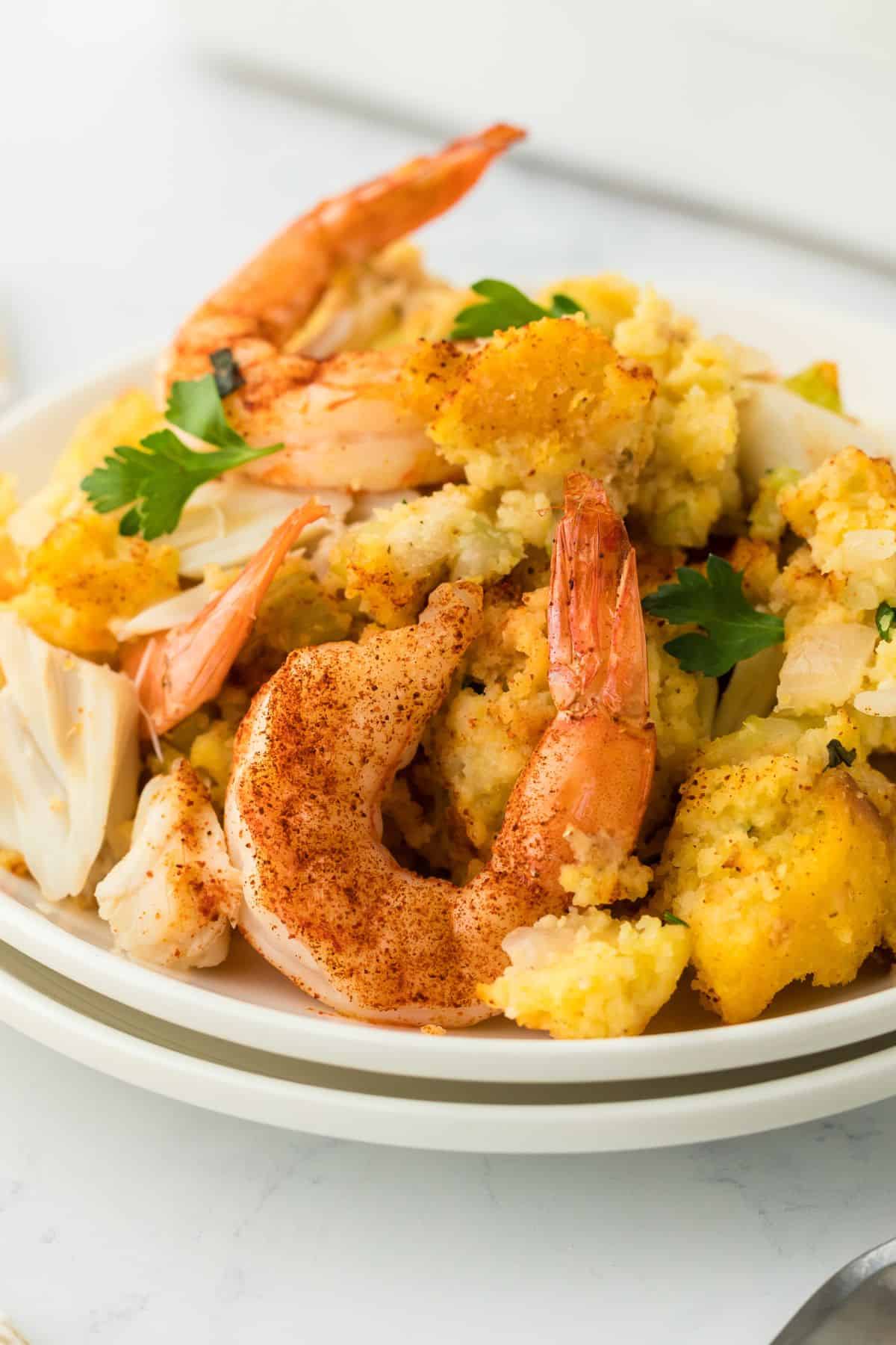 Close up of seafood dressing on a plate