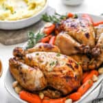 Two spiced cornish hens on a white platter with mashed potatoes and carrots