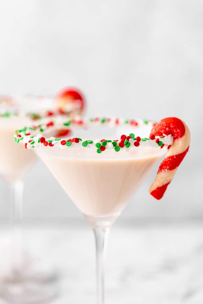 A close up of two martini classes filled a cream Irish cream cookie cocktail