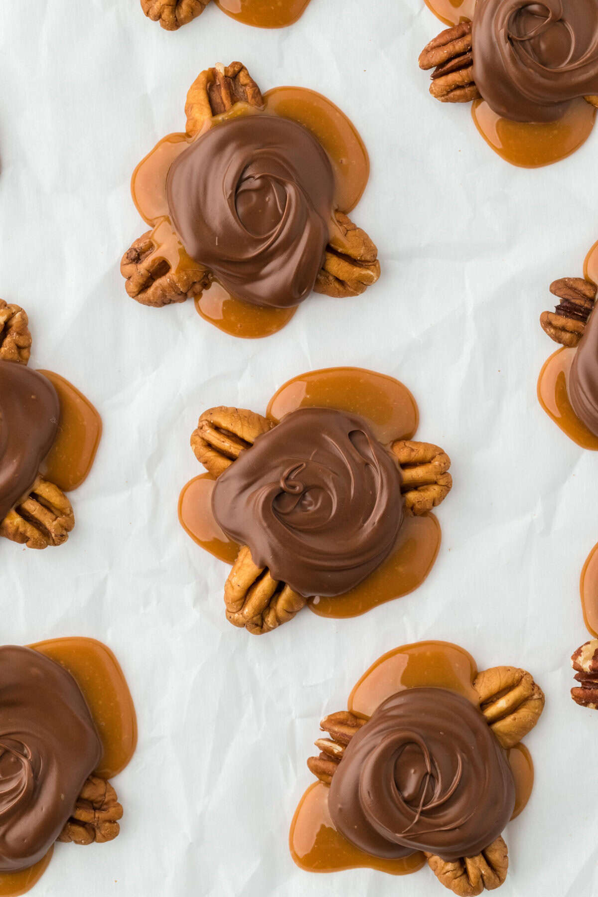 Turtle chocolate candy scattered on white parchment paper