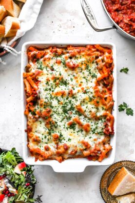 Fresh baked ziti fresh out of the oven after being baked