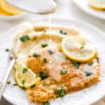 A chicken breast on a white plate with lemon sauce being spooned on top of chicken francese
