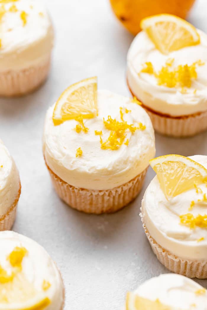 A gathering of cupcakes with lemon flavor ready to be eaten