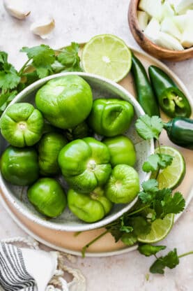 Tomatillos, peppers, limes, cilantro and other ingredients in a white bowl ready to make salsa
