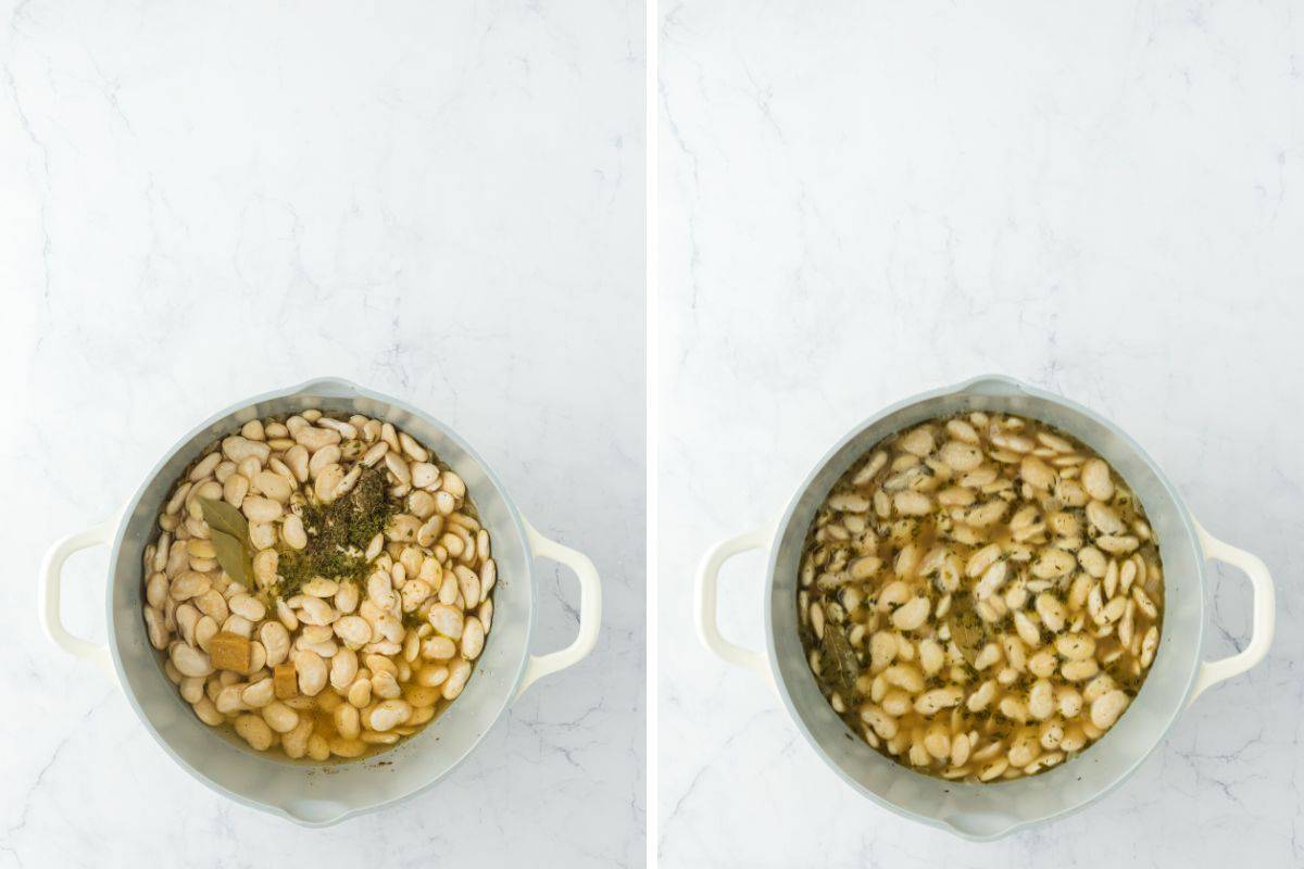 a collage of butter beans being flavored with chicken broth, spices, and herbs like bay leaves and after being stirred to combine in a large pot