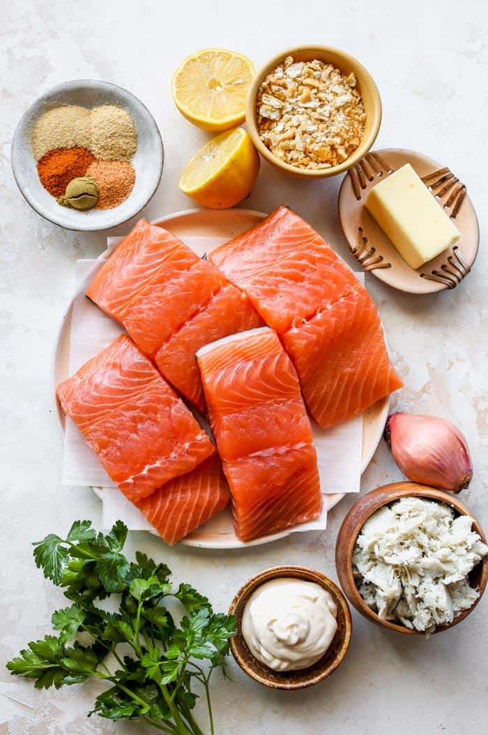 Fresh filets of salmon, herbs, spices, butter, crab and bread crumbs to make a salmon recipe