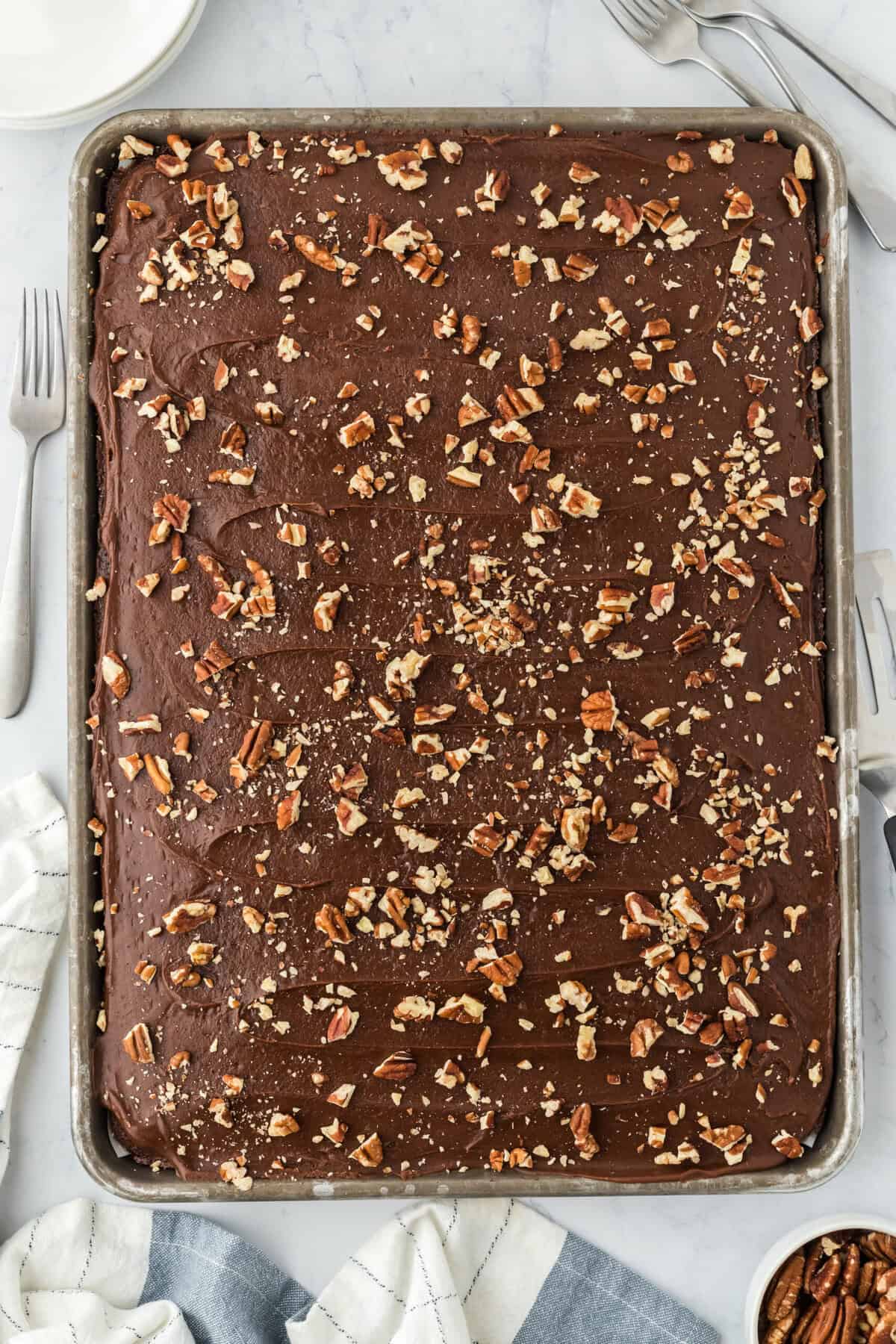 A Texas chocolate sheet cake with pecans on top against a white background with a napkin