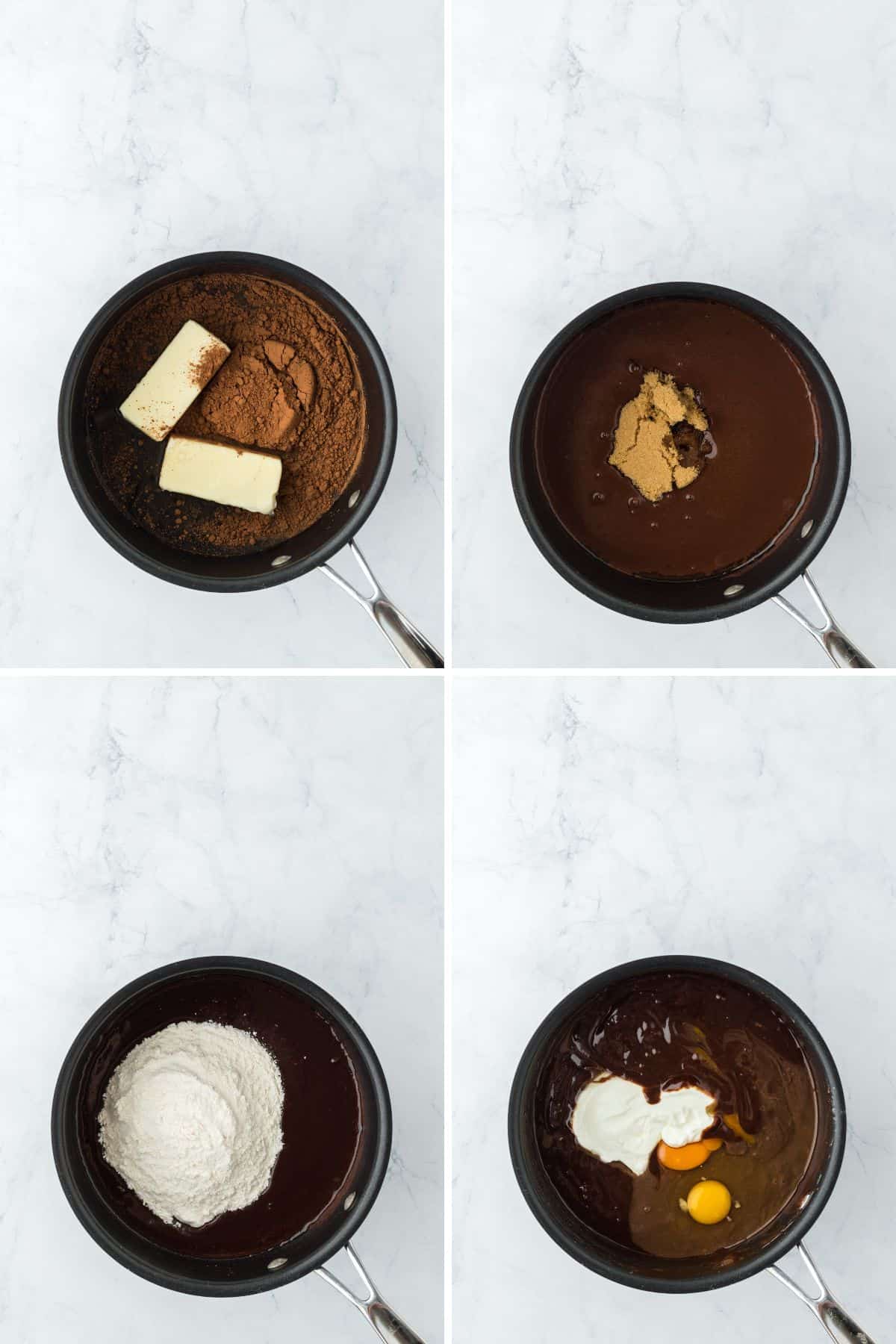 A collage of chocolate sheet cake batter being made on a stove top