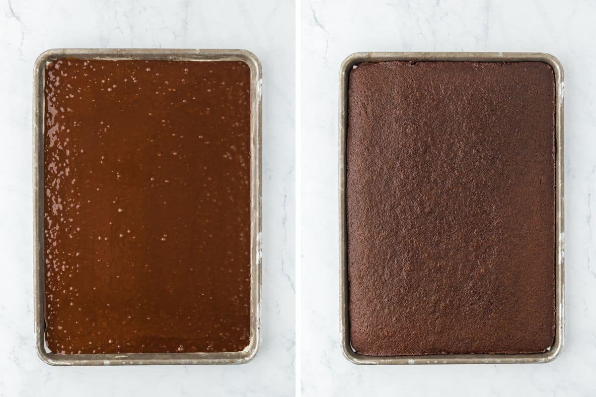 a collage of a texas chocolate sheet cake batter before and after it is baked in a sheet pan