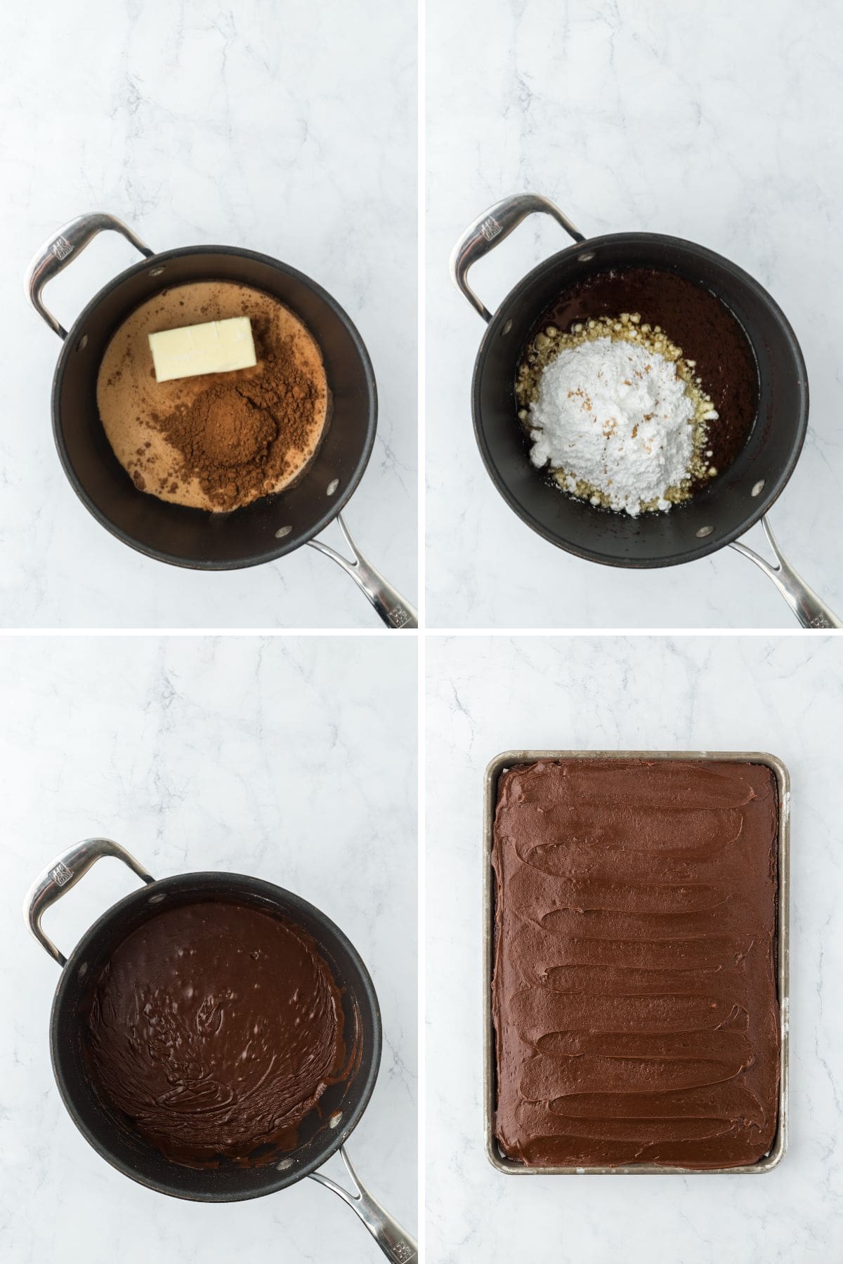 A collage of making a chocolate glaze on the stove before adding to a chocolate sheet cake