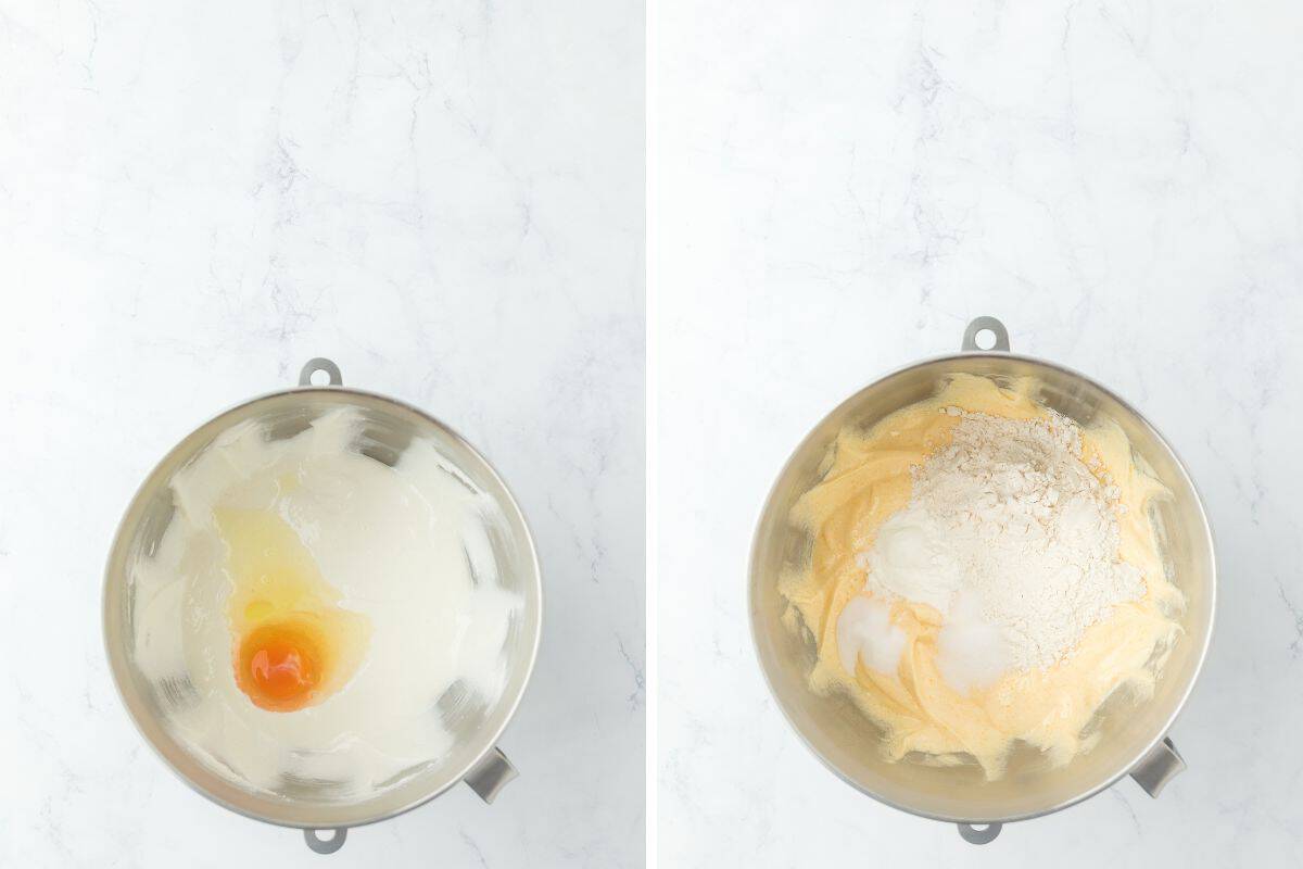 A collage of egg mixed into a mixer bowl and dry ingredients added as well