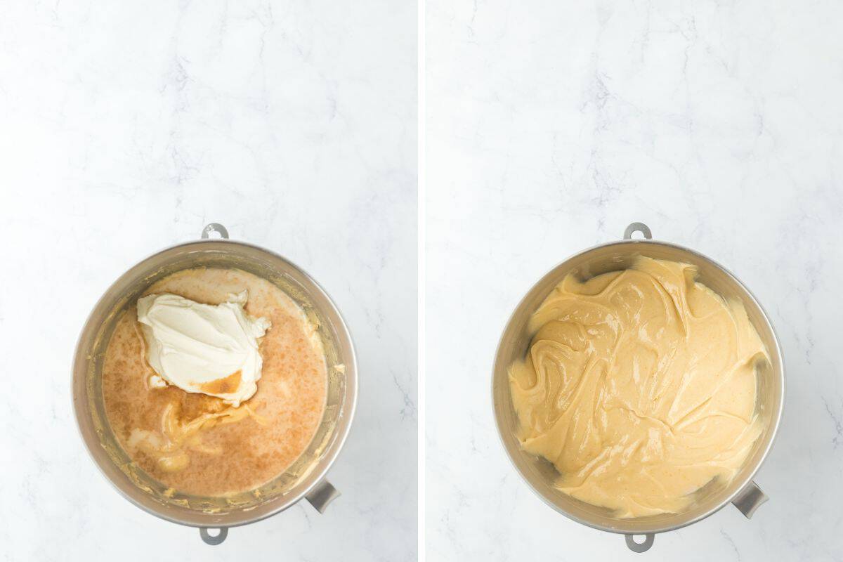 A collage of sour cream and vanilla added to a vanilla cupcake batter before being mixed until smooth