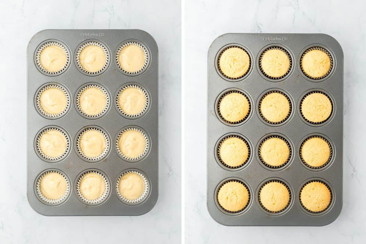 A collage of easy vanilla cupcakes in muffin pan before and after baking