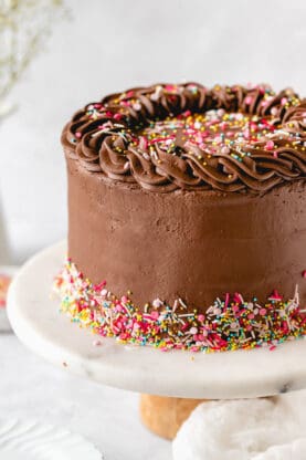 A layer cake covered in chocolate frosting with sprinkles on it ready to serve
