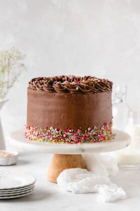 A yellow cake frosted with chocolate frosting on a white cake stand against a white background