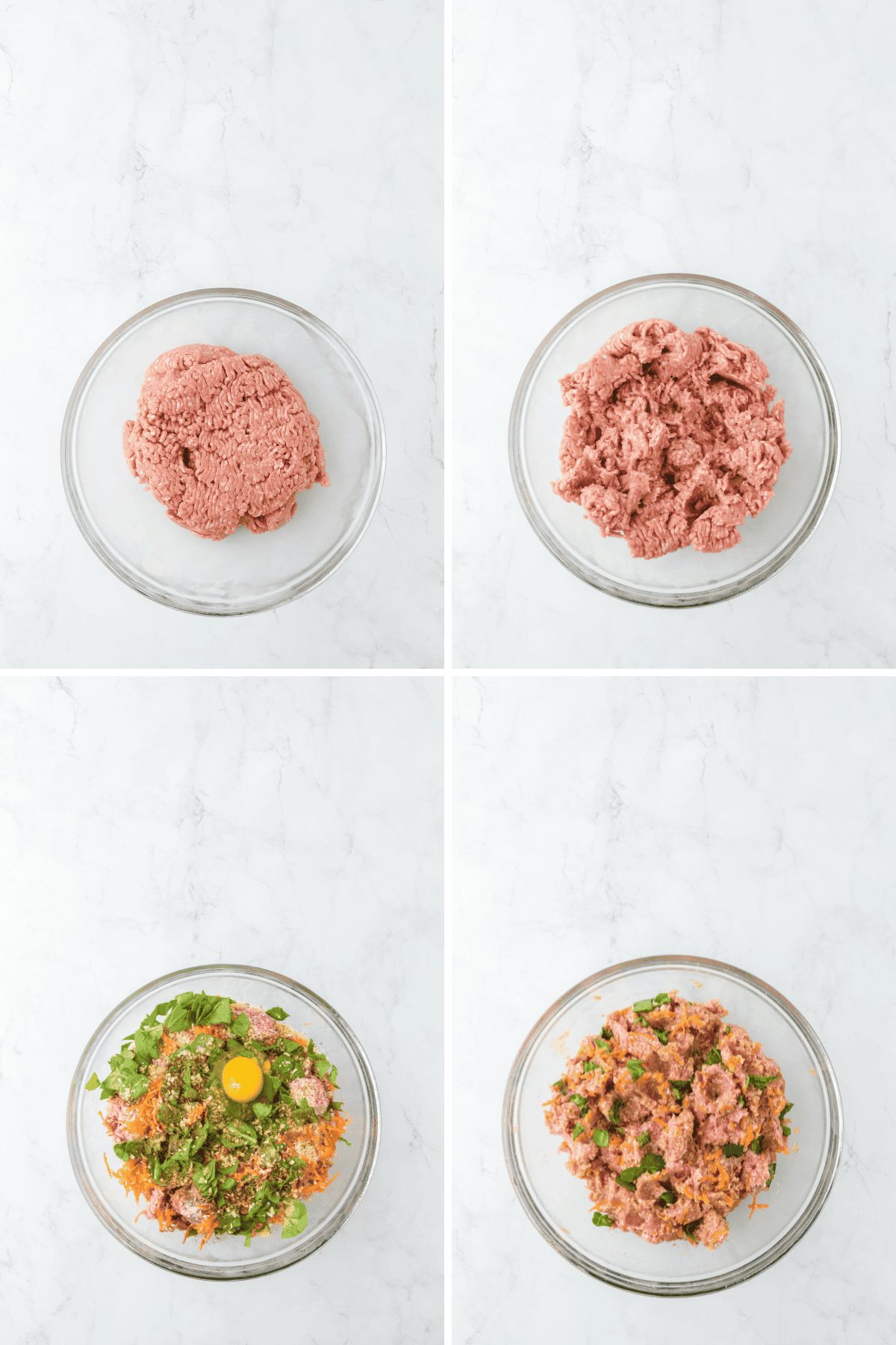 A collage of ground turkey in a bowl with panko, egg, spices and veggies added on top and mixed together on a white background