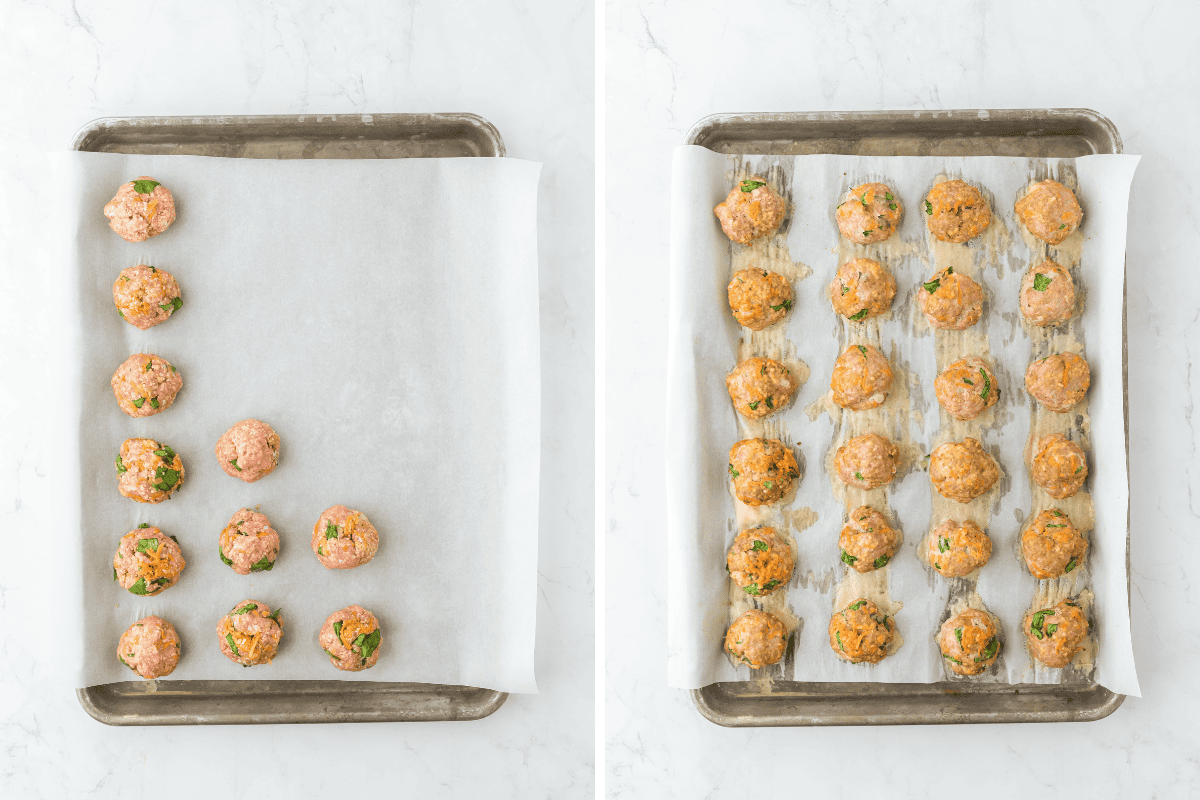 A collage of turkey meatballs before and after baking on a baking sheet lined with parchment
