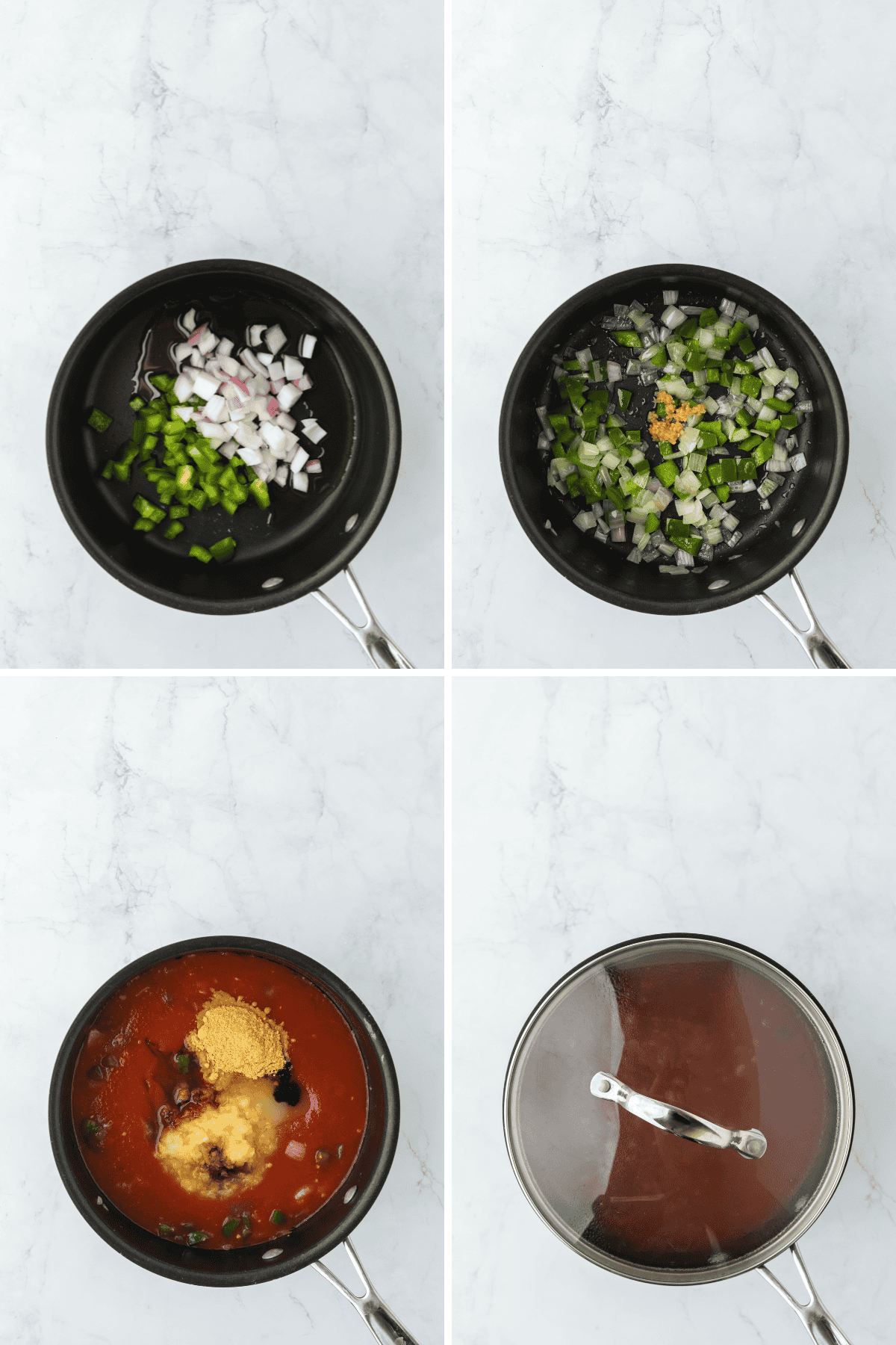 A collage of bbq sauce being made and simmered in a pot on a white background