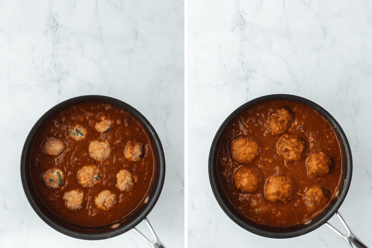 A collage of barbecue turkey meatballs simmering in sauce and then finished ready to serve