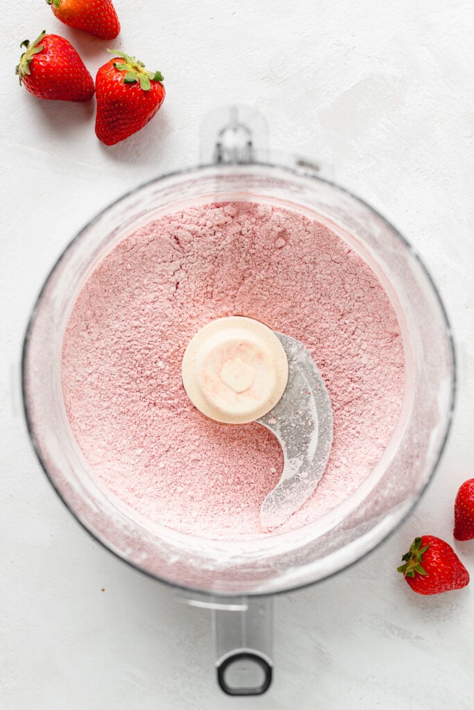 Finished strawberry powdered sugar in a food processor