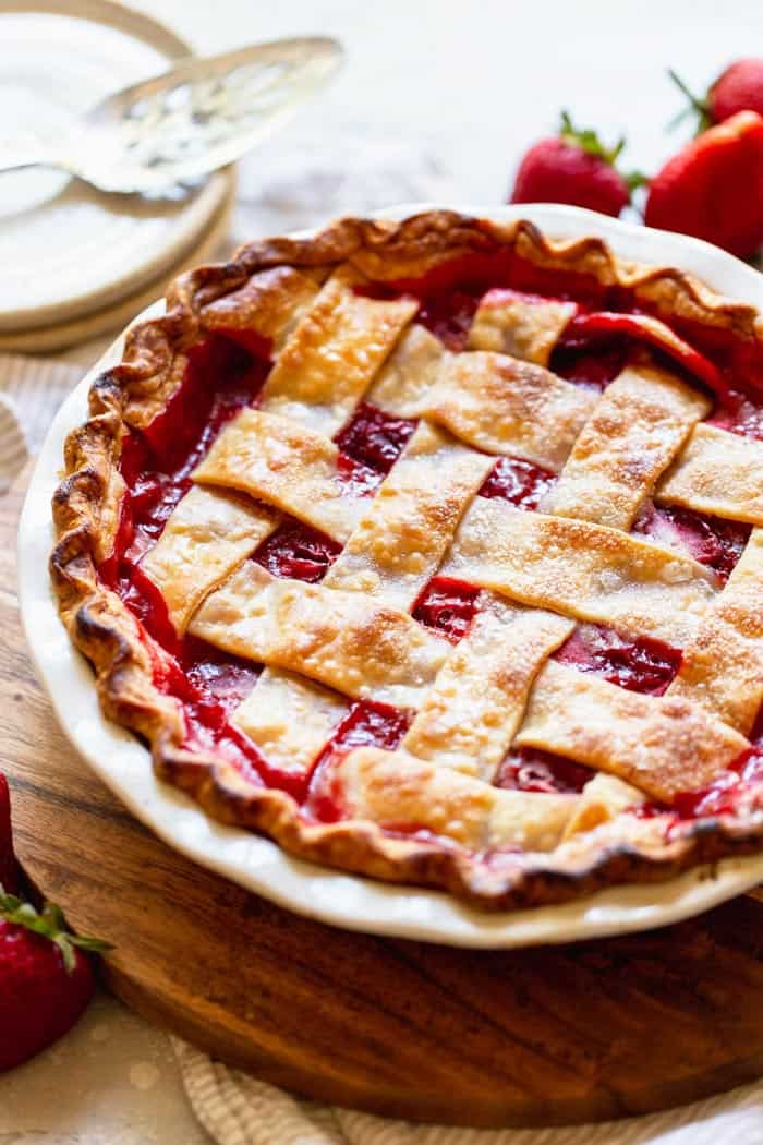 A whole strawberry pie with a delicious lattice crust 