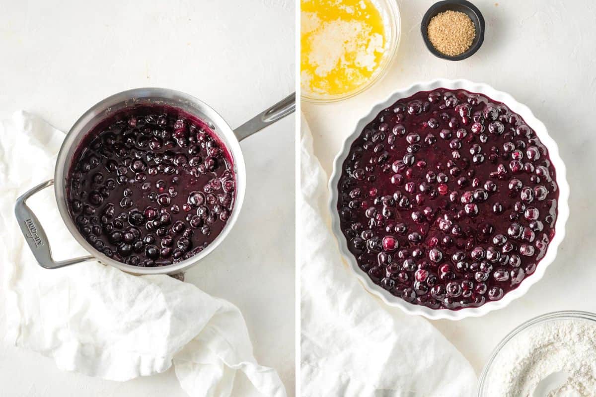 A collage of blueberry syrup in a pot after boiling and then added to a round baking dish with melted butter and brown sugar on a white background