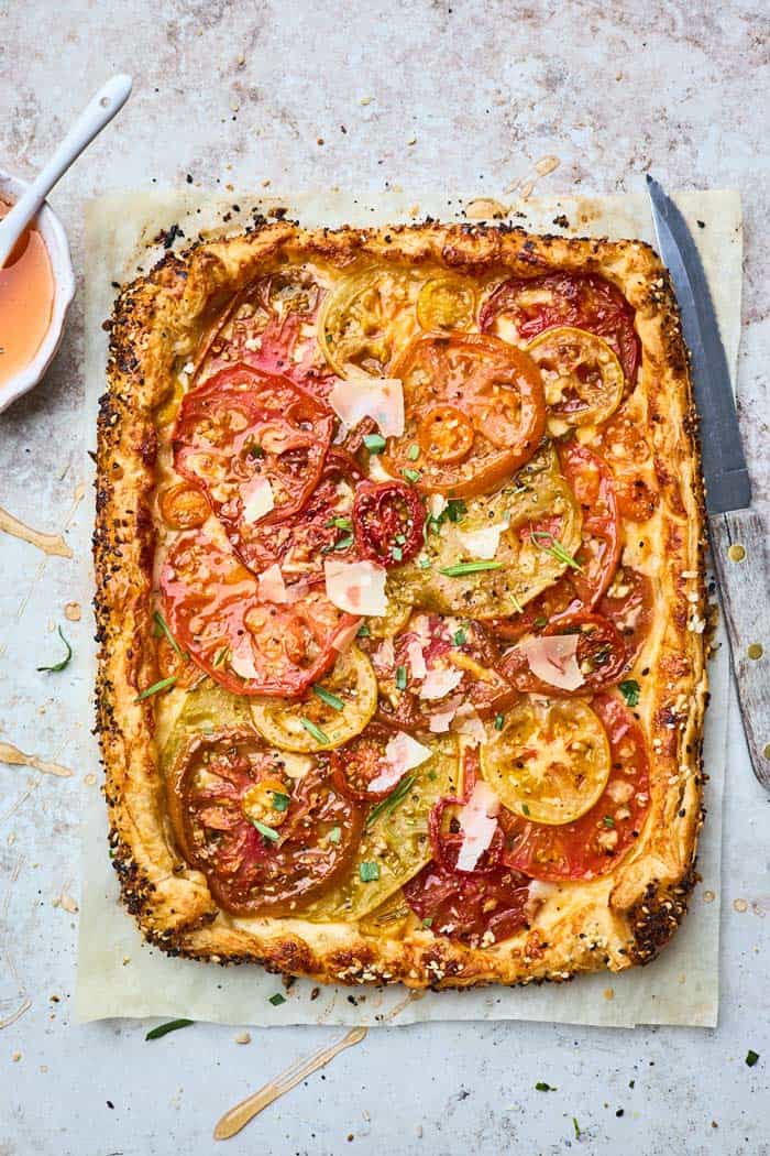 A puff pastry tomato tart recipe fresh out of the oven golden brown