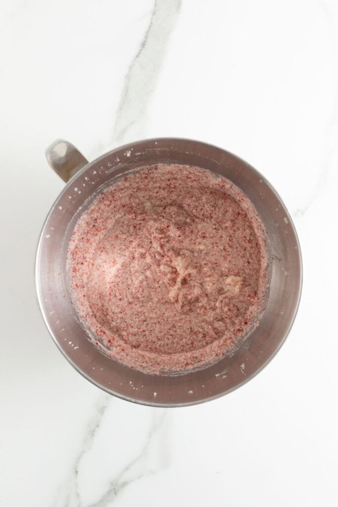 Strawberry puree added to a cake batter