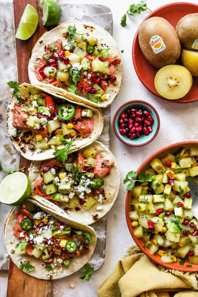 Jerk Salmon Tacos With Kiwi-Pomegranate Salsa - kiwi fruit